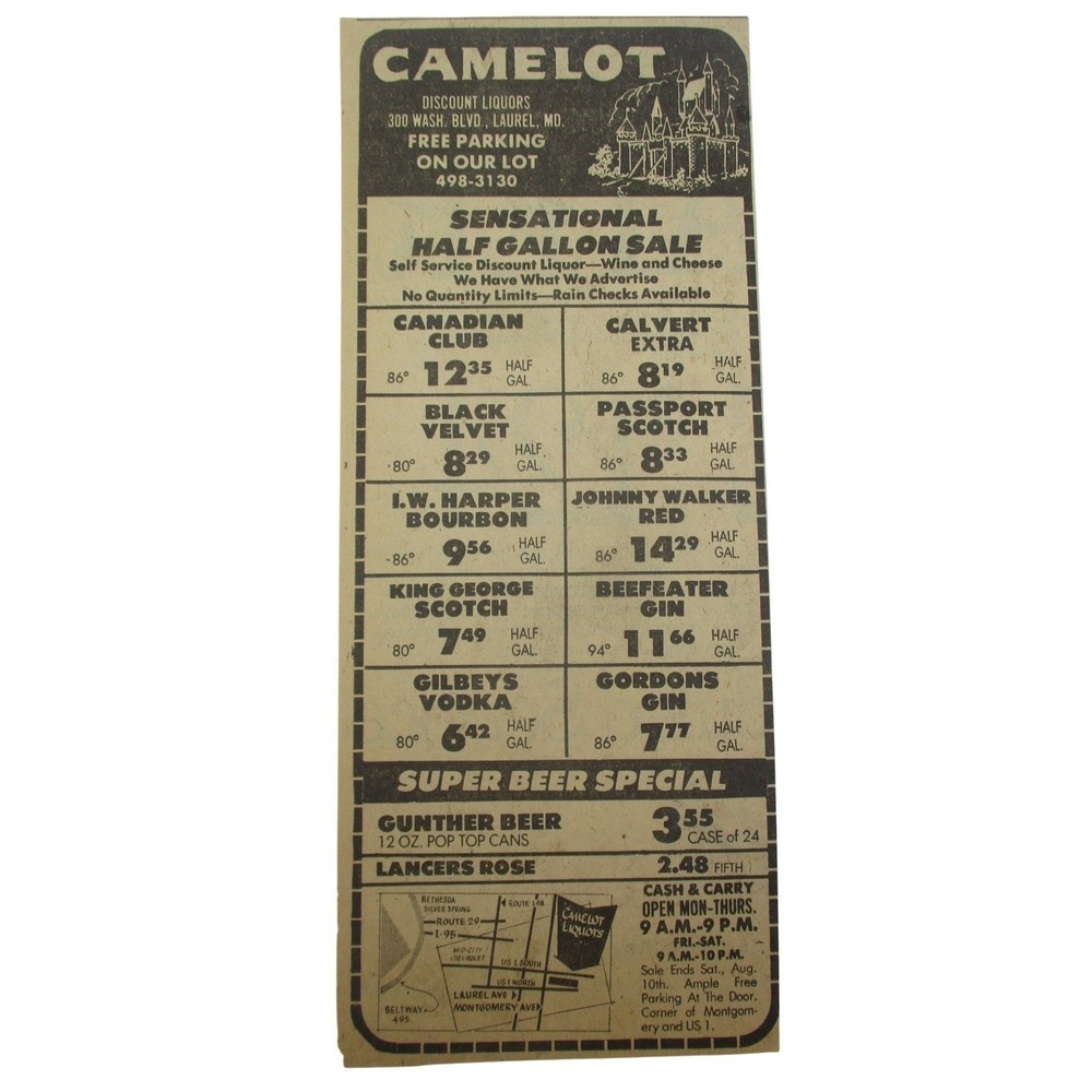 Vintage Camelot Discount Liquors Laurel MD Newspaper Ad Gunther Beer Spirits